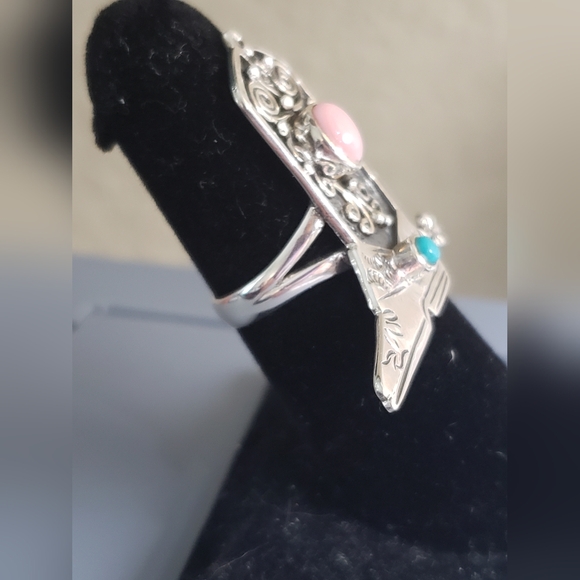 MED.  STERLING SILVER NATIVE AMERICAN SW TURQUOISE & PINK CONCH COWBOY BOOT RING - Picture 2 of 5